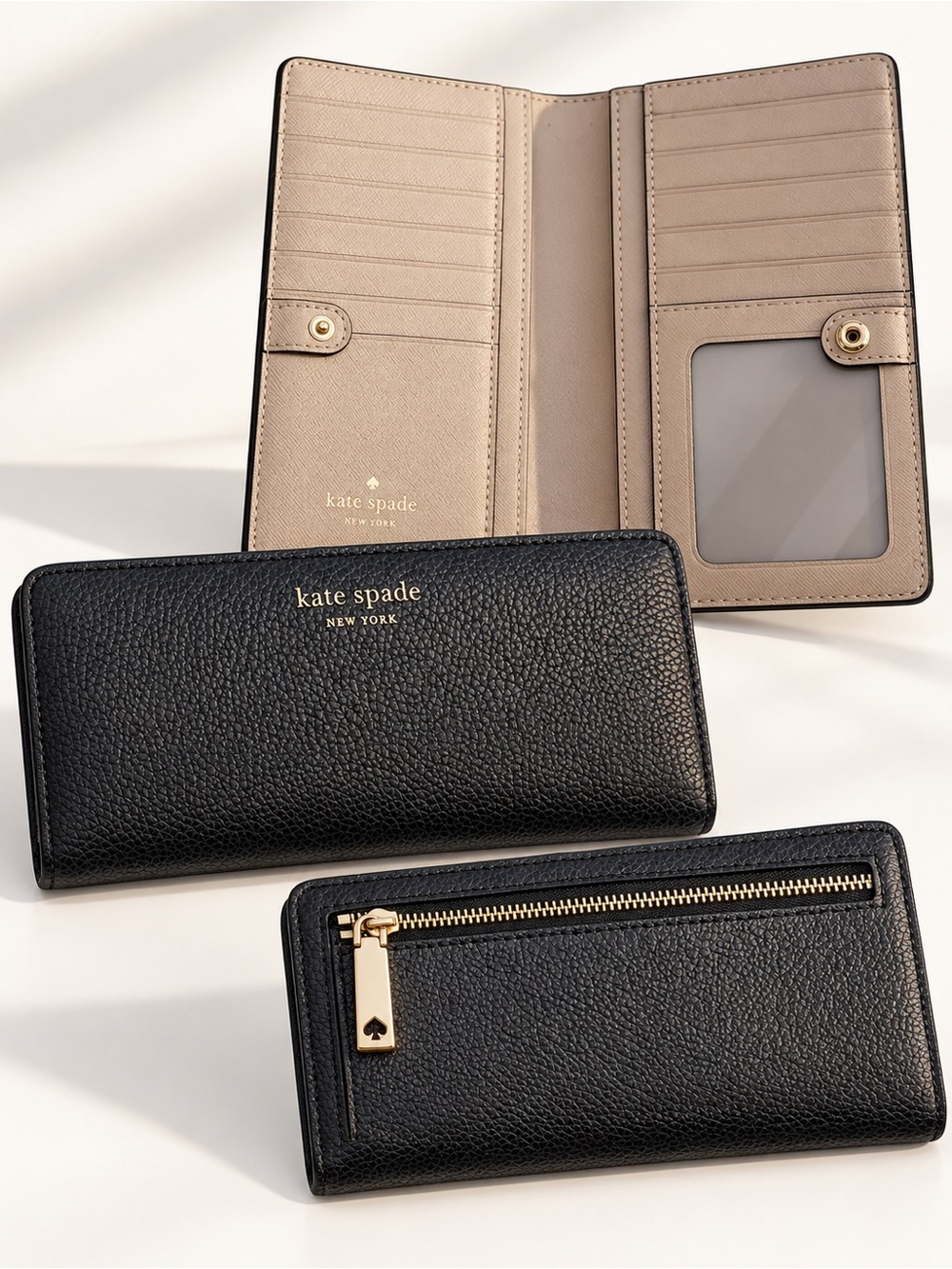 Kate Spade New York Black Pebbled Leather Bifold Wallet Gold Hardware Designer